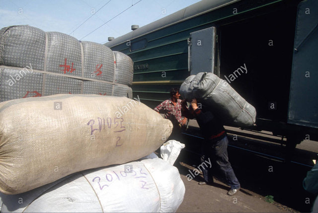Stock Photo - Workers unload cargo from the Trans-Siberian railroad during a stop in Khabarovsk, Russia.jpg
