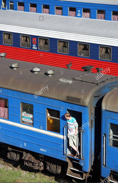Stock Photo - A passenger train at the Brest Central Railway Station, Brest, Belarus.jpg