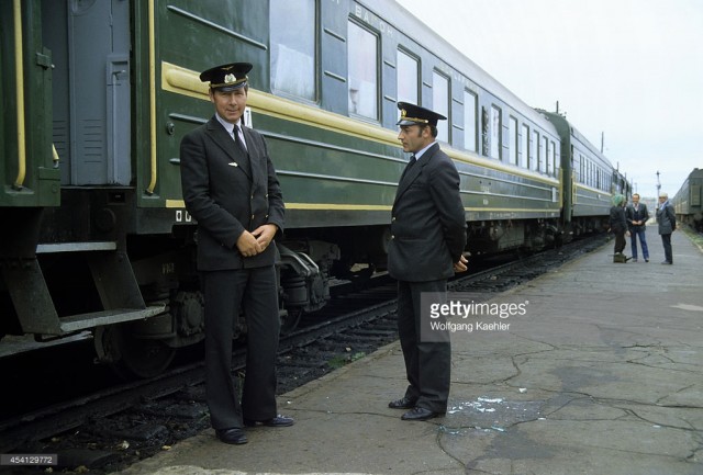 Russia, Trans-Siberian Railway, near Irkutsk, small train station, conductors (January 01, 1982).jpg