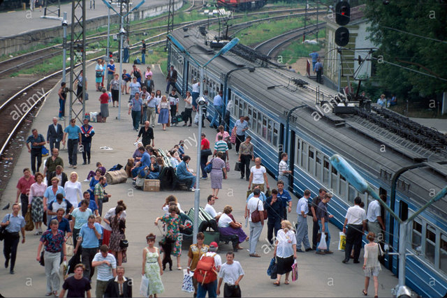 Stock Photo - Russia, Moscow Belarus Train Station passenger platform commuters travelers (1990-s).jpg