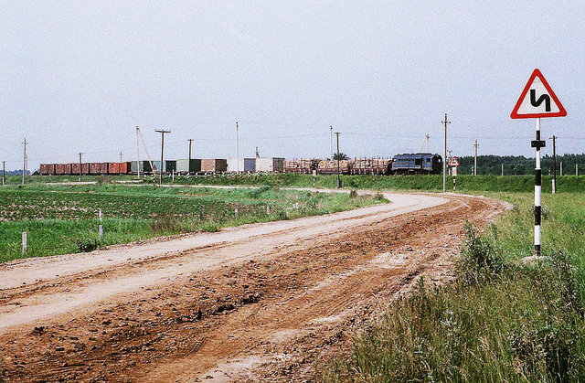 SZD TU2-150 with freight train at the Panevežys - Medikoniai line (07.06.1989).jpg