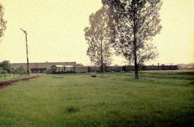 SZD TU2-020 + TU2-035 hauling passenger train at the Beregi station (21.06.1982).jpg